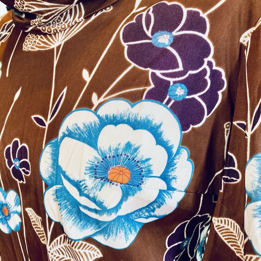 1970s Brown Floral Psychedelic Flower Power Disco Art Nouveau Cowl Neck Top - Picture 5 of 9